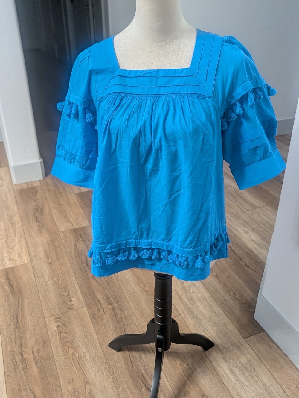 Blue Tassel-Trim Square Neck Women's Top